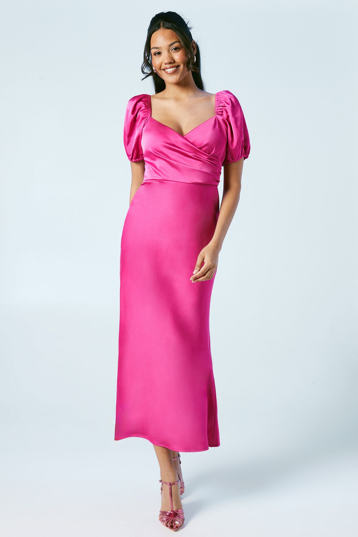 Oasis Puff Sleeve Satin Wrap Top Bridesmaid Dress Bright Pink image 1