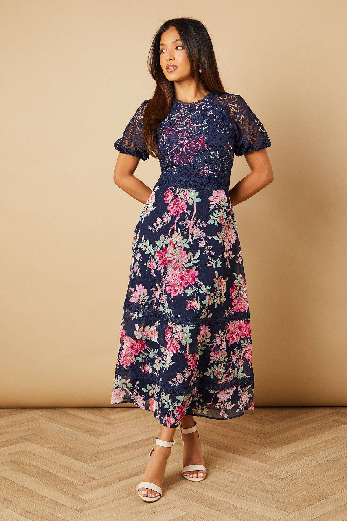 Oasis Petite Occasion Floral Lace Bodice Midi Dress Navy image 1