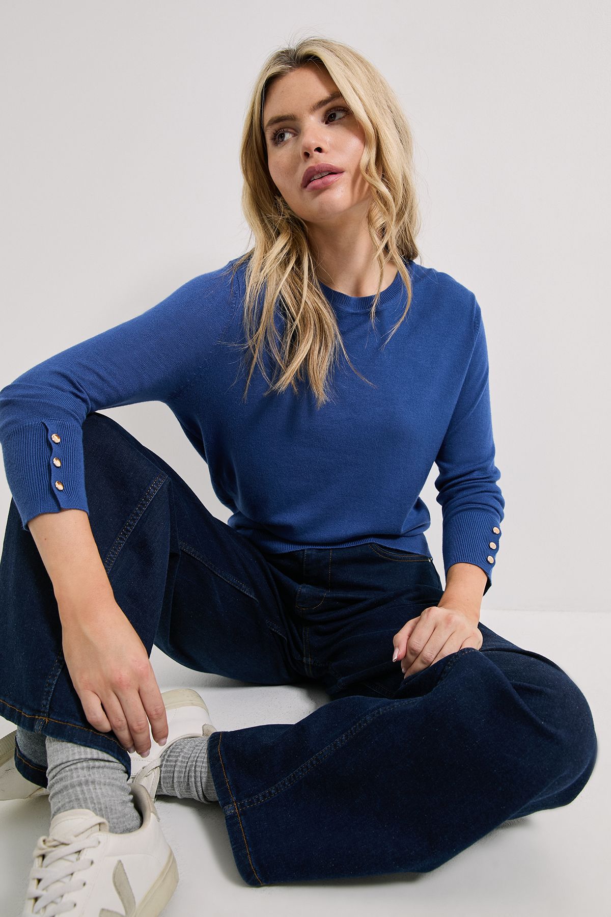 Dorothy Perkins Denim Blue Crew Neck Button Cuff Jumper Denim-blue image 1