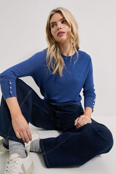 Dorothy Perkins Denim Blue Crew Neck Button Cuff Jumper Denim-blue