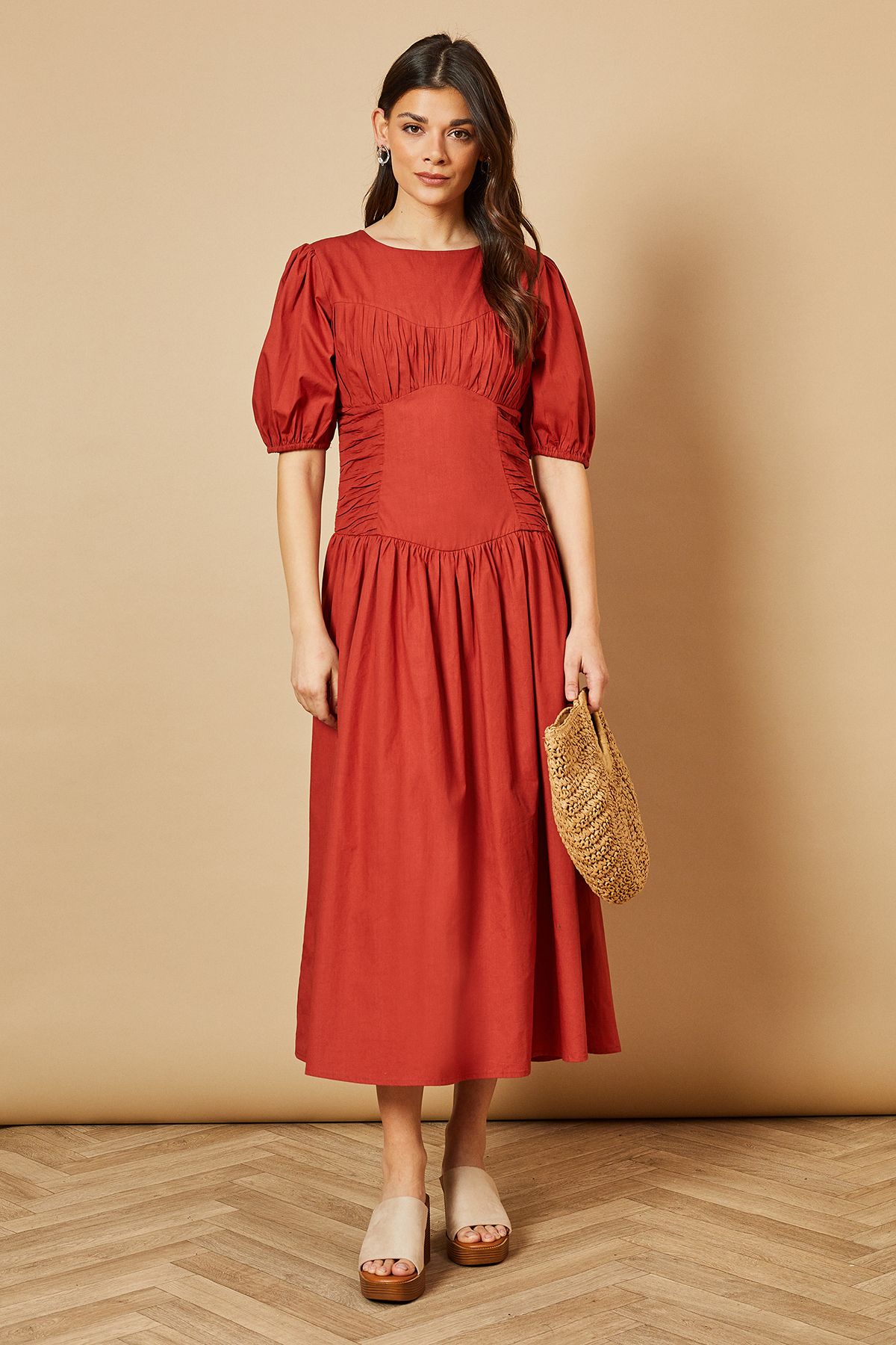 Oasis Poplin Panel Ruched Dress Rust image 1