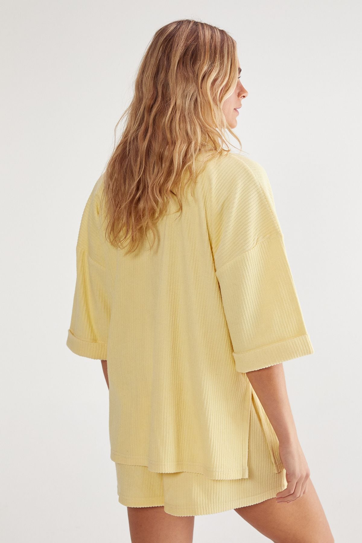 NastyGal Ribbed Toweling Beach Shirt and Shorts Two Piece Set Lemon image 4