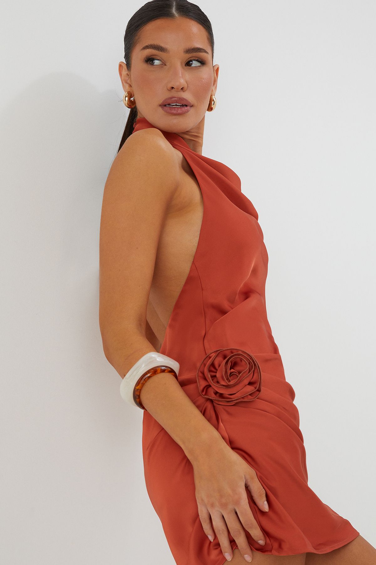 MissPap Satin Cowl Corsage Drape Mini Dress Rust image 4