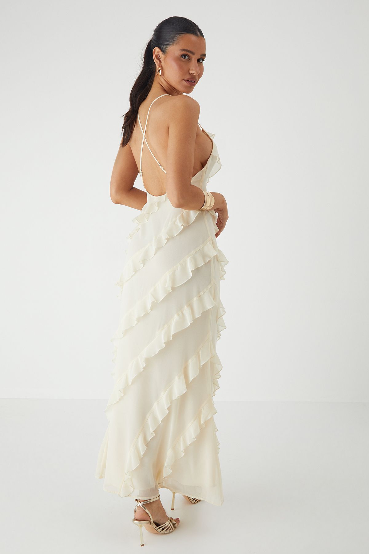 MissPap Ruffle Low Back Maxi Dress Cream image 3