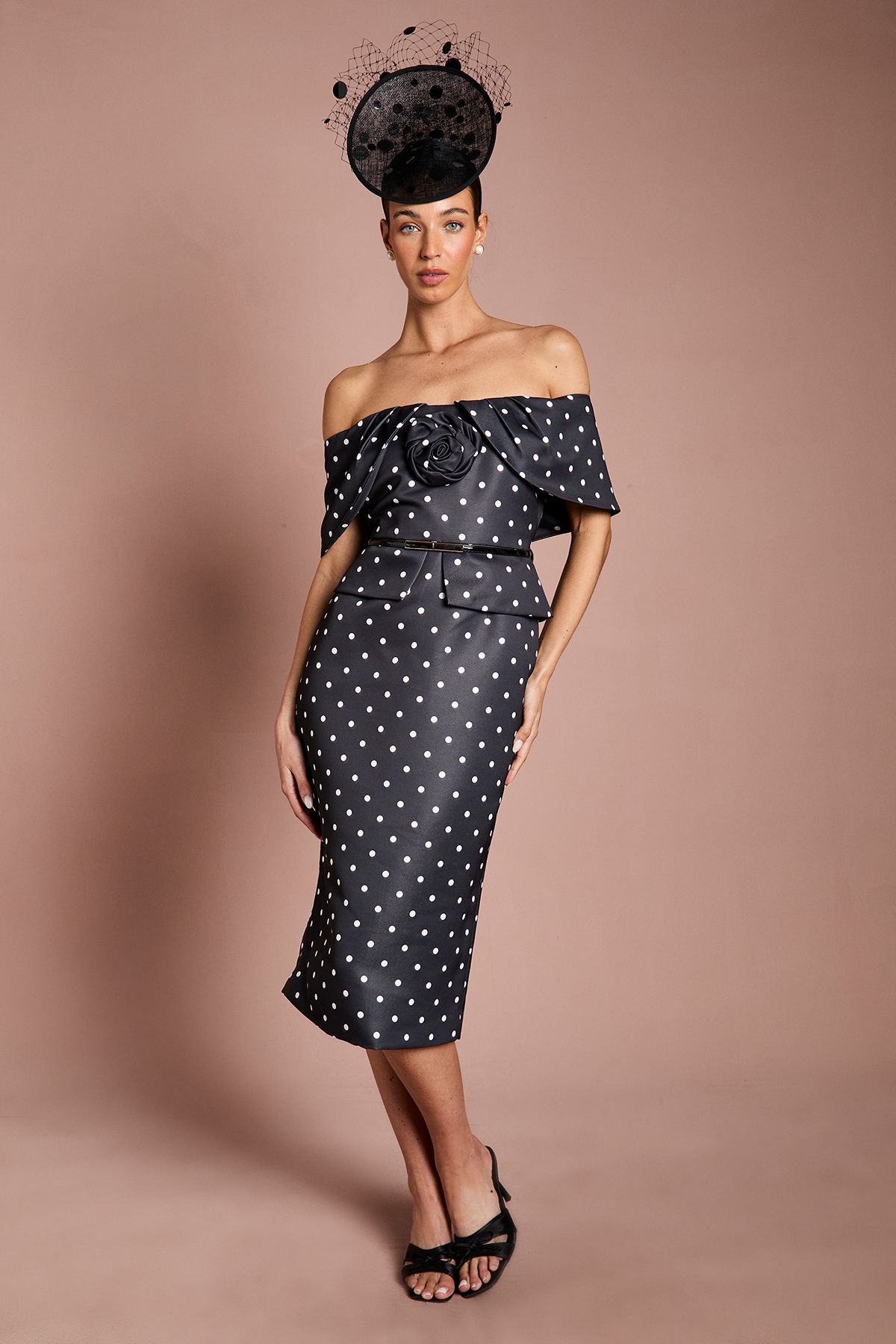 Coast Petite Lisa Tan Spot Print Corsage Off The Shoulder Pencil Dress Black