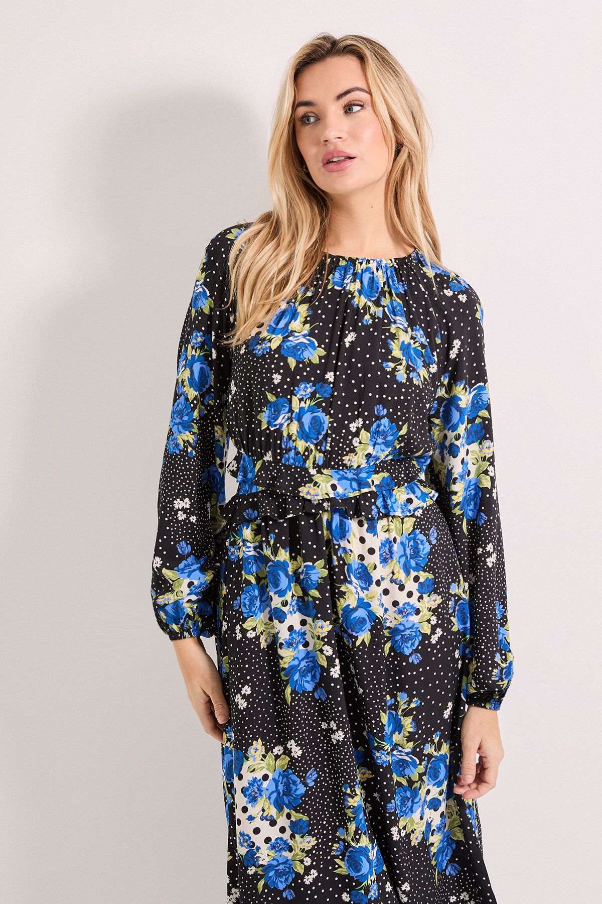 Dorothy Perkins Floral Spot Frill Waist Detail Blouson Sleeve Midi Dress Multi image 2