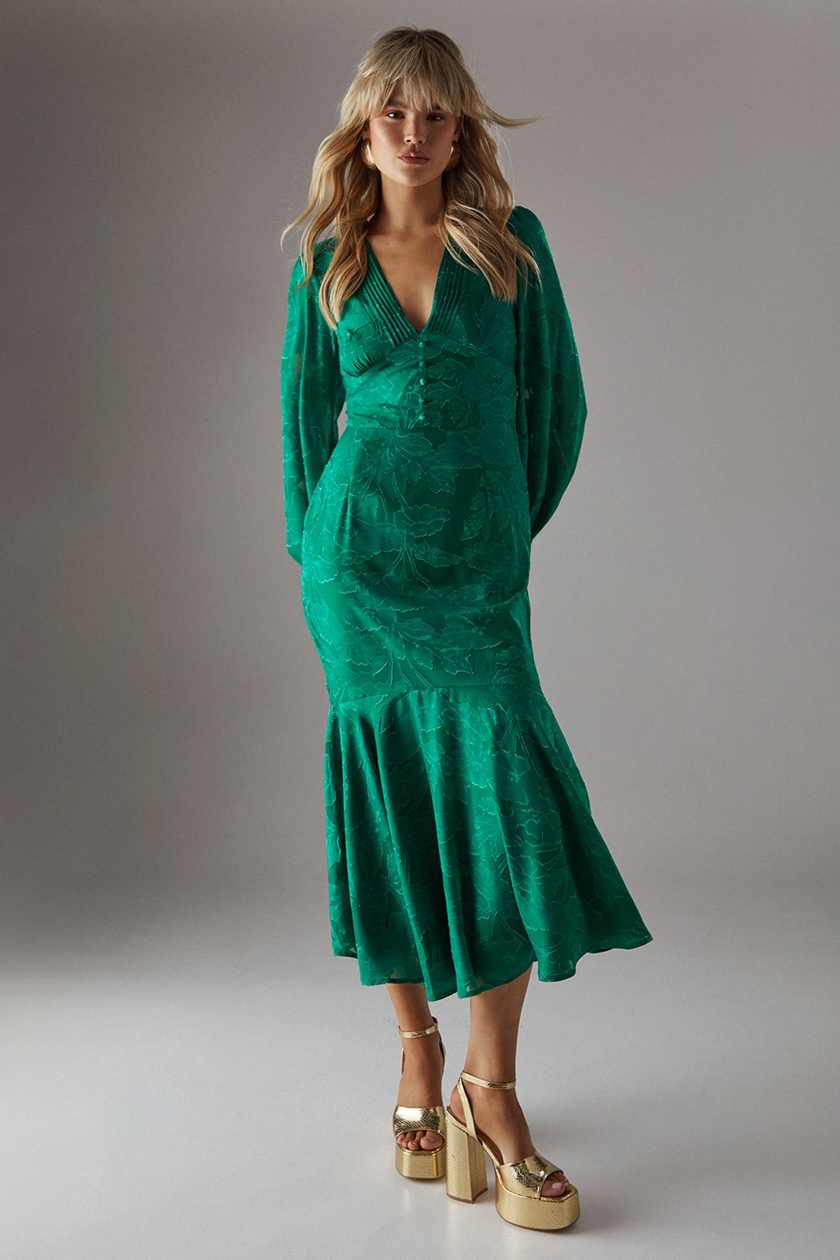 Warehouse Burnout Button Front Plunge Neck Maxi Dress Green image 1