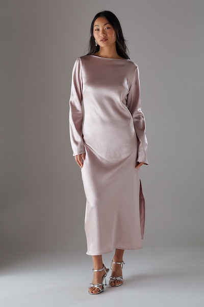 Warehouse Petite Crinkle Satin Bias Tie Sleeve Midi Dress Pale Pink