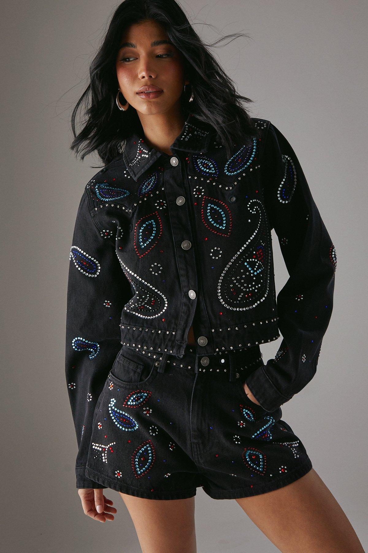 Warehouse Paisley Embellished Cropped Denim Jacket Washed Black image 4