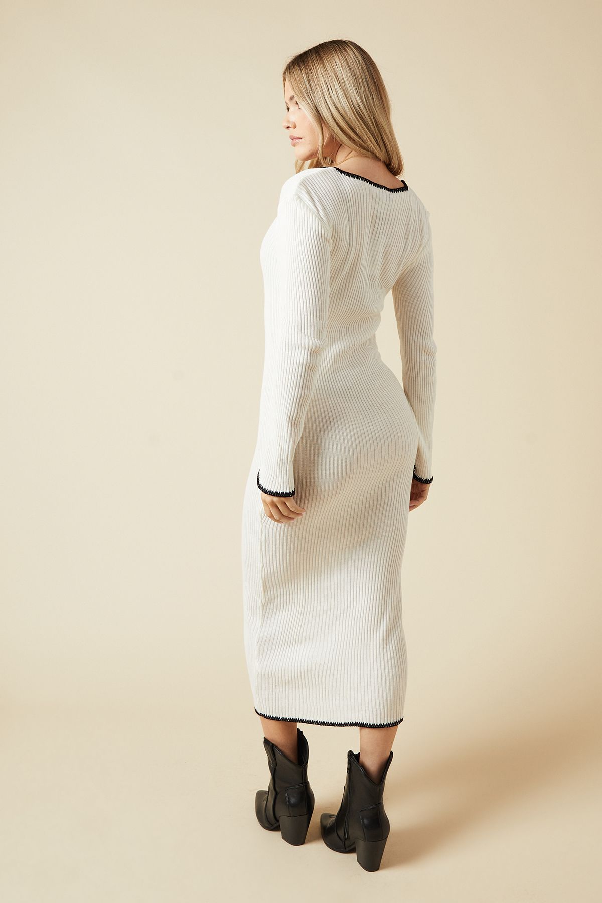 Dorothy Perkins Tipped Scoop Neck Bodycon Knitted Midi Dress Ecru image 3