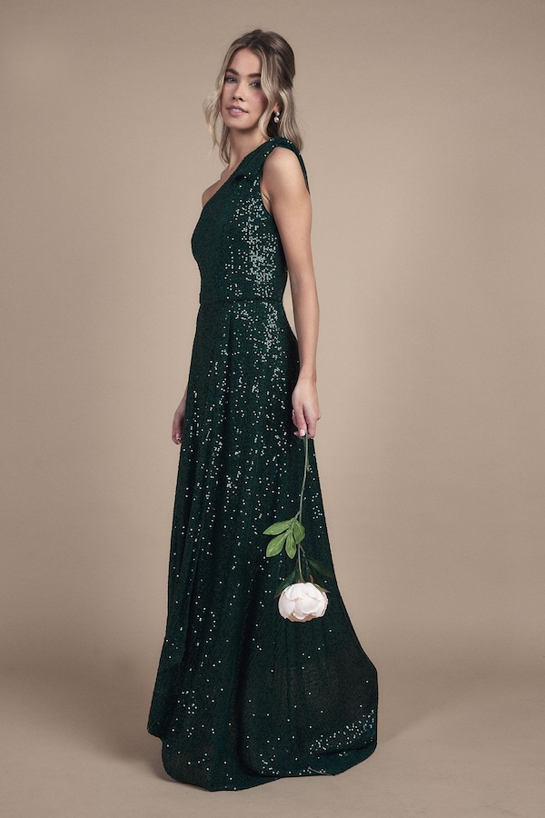 Coast Teen Coast Sequin Bow One Shoulder Maxi Bridesmaid Dress Emerald