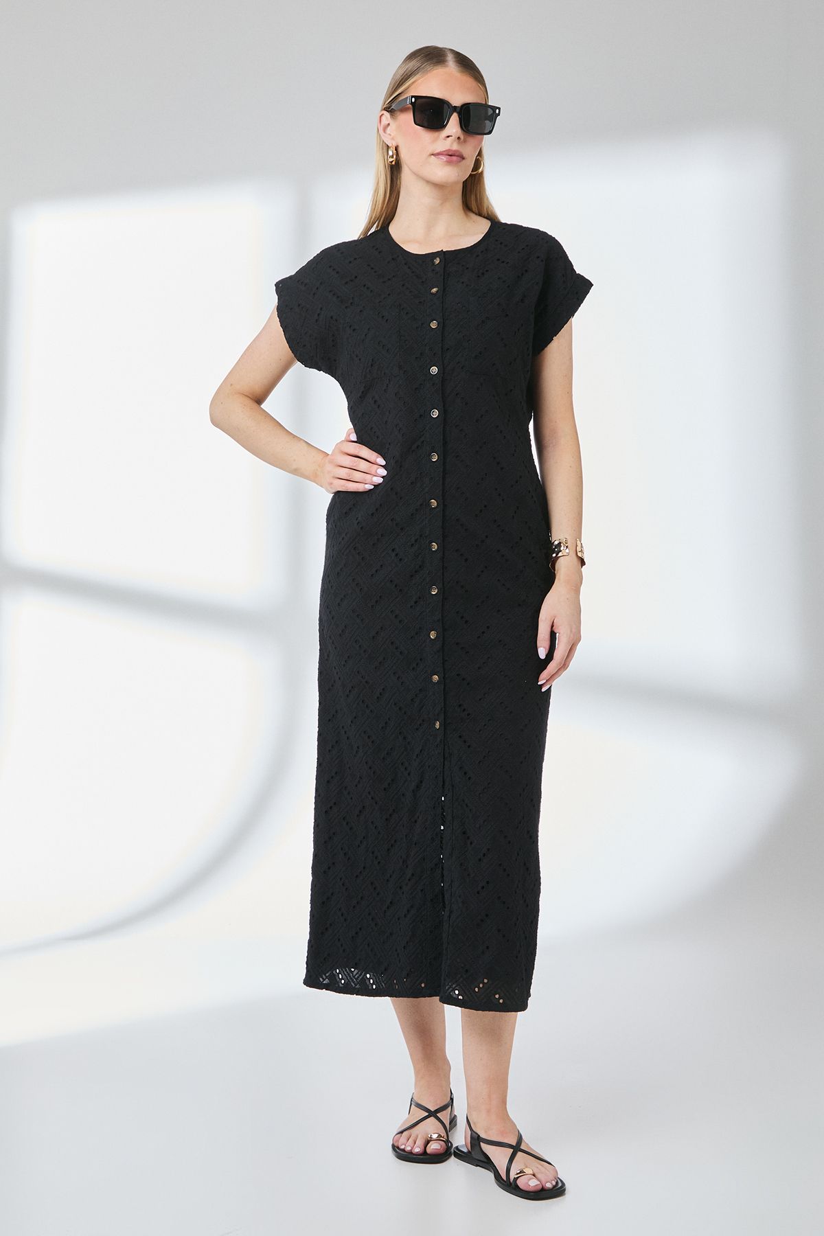 Principles Black Broderie Pocket Detail Midi Shirt Dress Black image 1