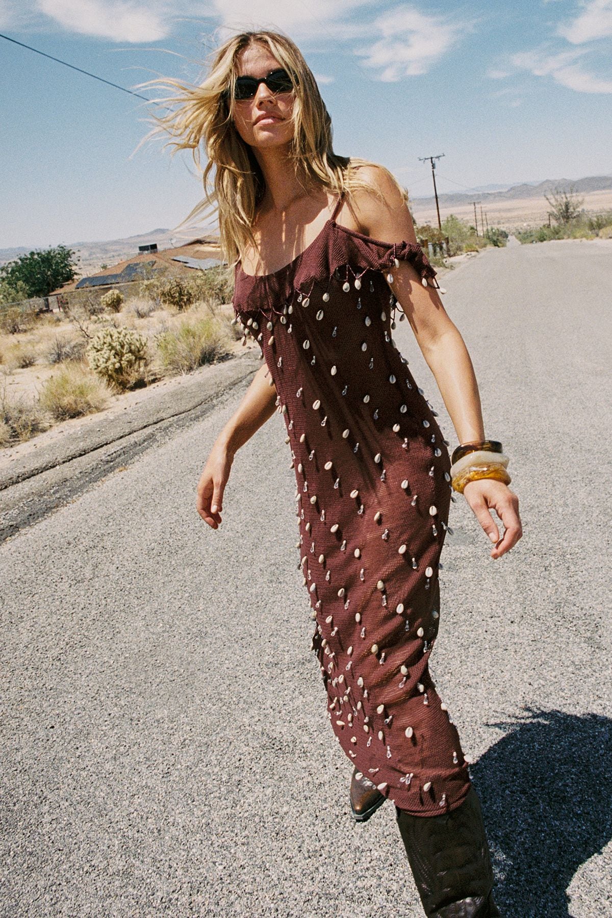 NastyGal Shell and Droplet Beaded Crochet Bardot Beach Dress Chocolate image 3