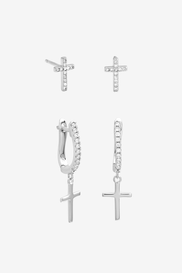 Inicio Sterling Silver Plated Cross Hoop and Stud Earrings - Pack of 2