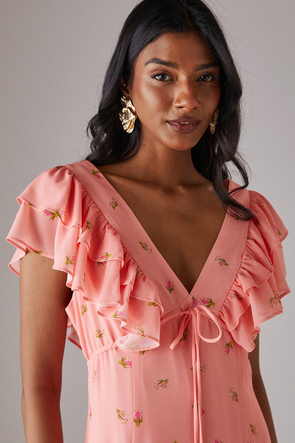 Warehouse Floral Frill Tie Front Midi Tea Dress Peach image 2