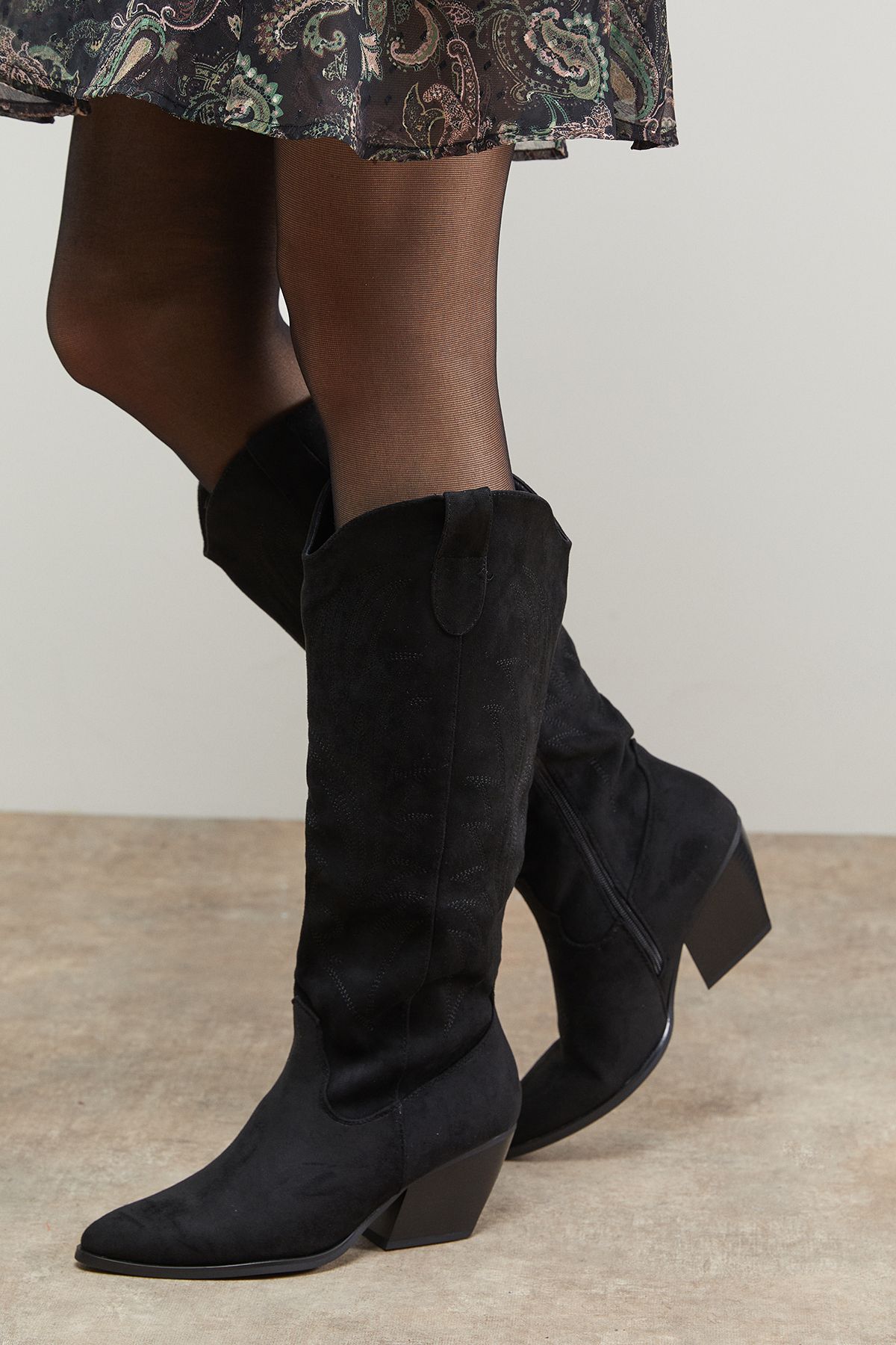 Oasis Maggie Faux Suede Embroidered Knee High Western Boots Black image 1