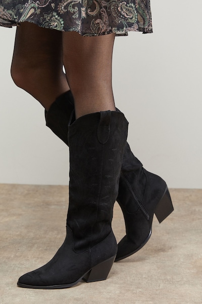 Oasis Maggie Faux Suede Embroidered Knee High Western Boots Black