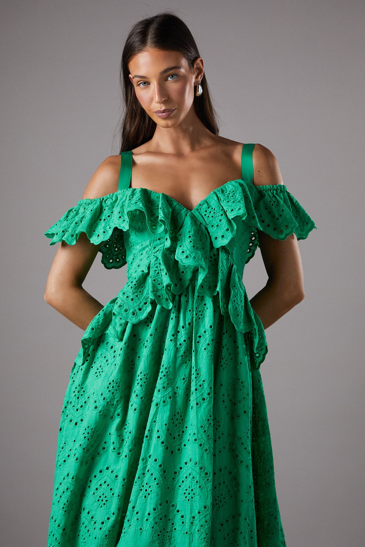 Coast Strappy Cold Shoulder Broderie Frill Midi Dress Green image 2