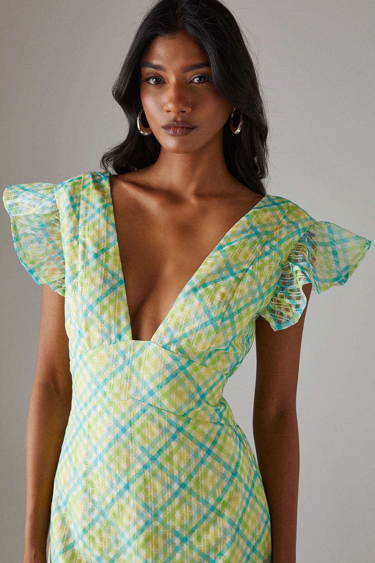 Warehouse Check Organza Plunge Neck Frill Shoulder Midi Dress Multi image 2