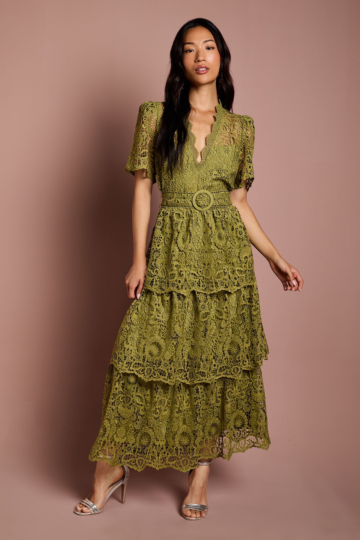 Coast Short Sleeve V Neck Tiered Lace Midi Dress Olive image 1
