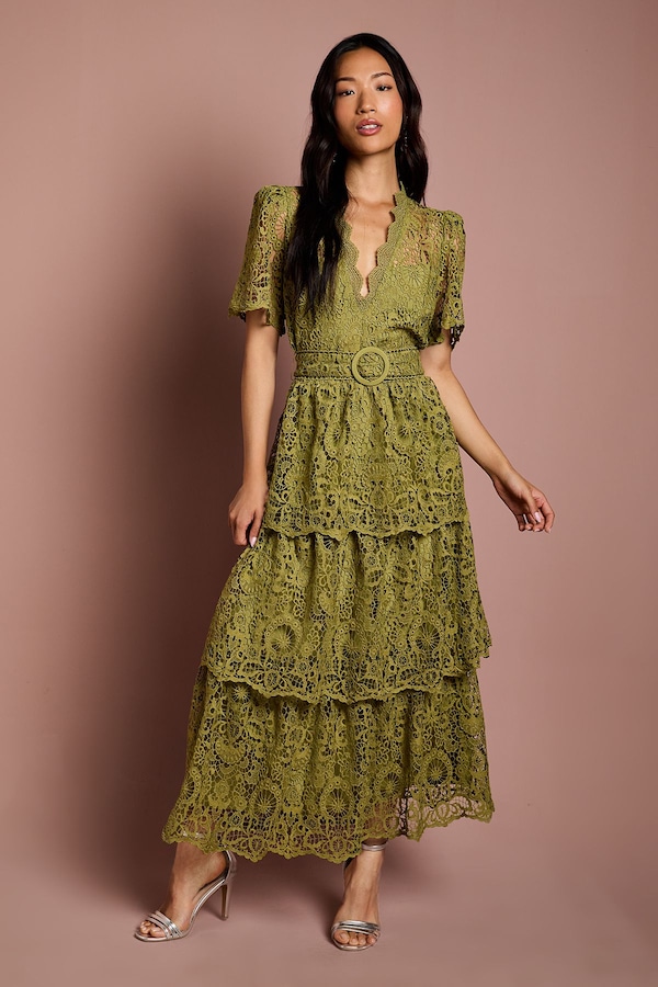 Coast Short Sleeve V Neck Tiered Lace Midi Dress Olive