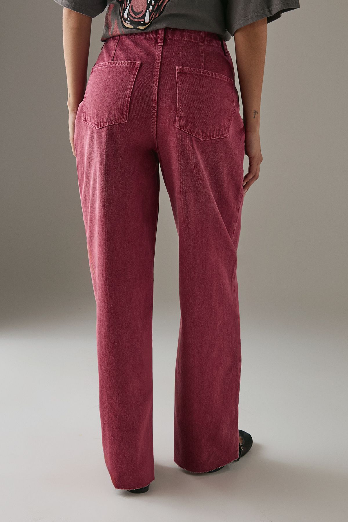 Warehouse Washed Raw Waist Seam Detail Denim Dad Jean Raspberry image 3