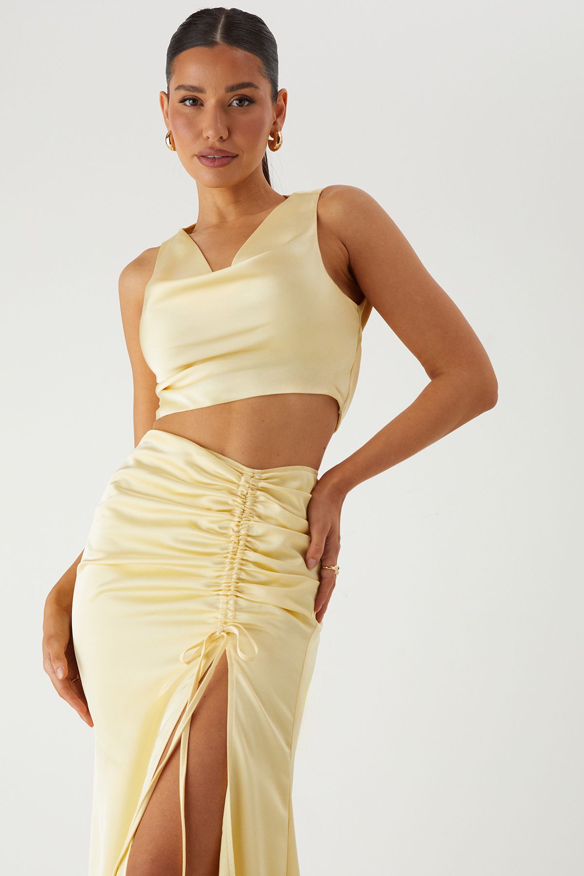 MissPap Satin Cowl Neck Top & Maxi Skirt Co-ord Yellow image 4
