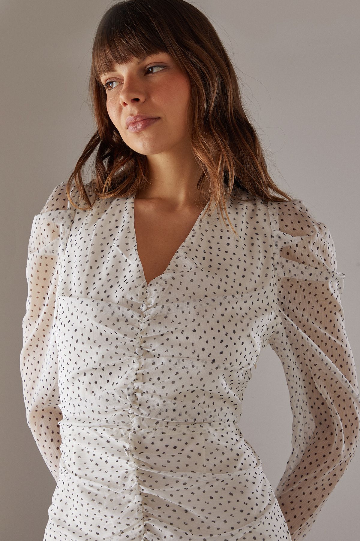 Warehouse Spot Chiffon Ruched Plunge Button front Midi Dress Mono image 4