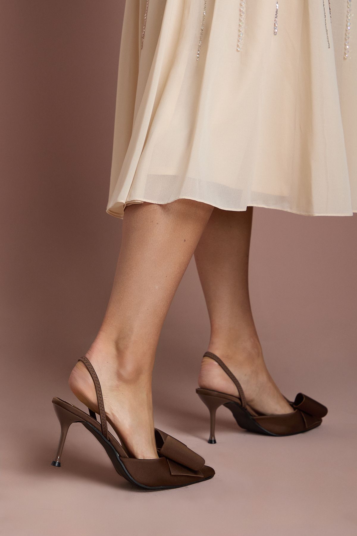 Coast Lola Satin Bow Detail Medium Stiletto Heel Sling Back Court Shoes Chocolate image 4