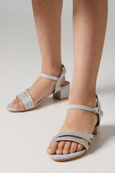 Coast Flower Girl Belle Diamante Triple Strap Low Heeled Sandals Silver