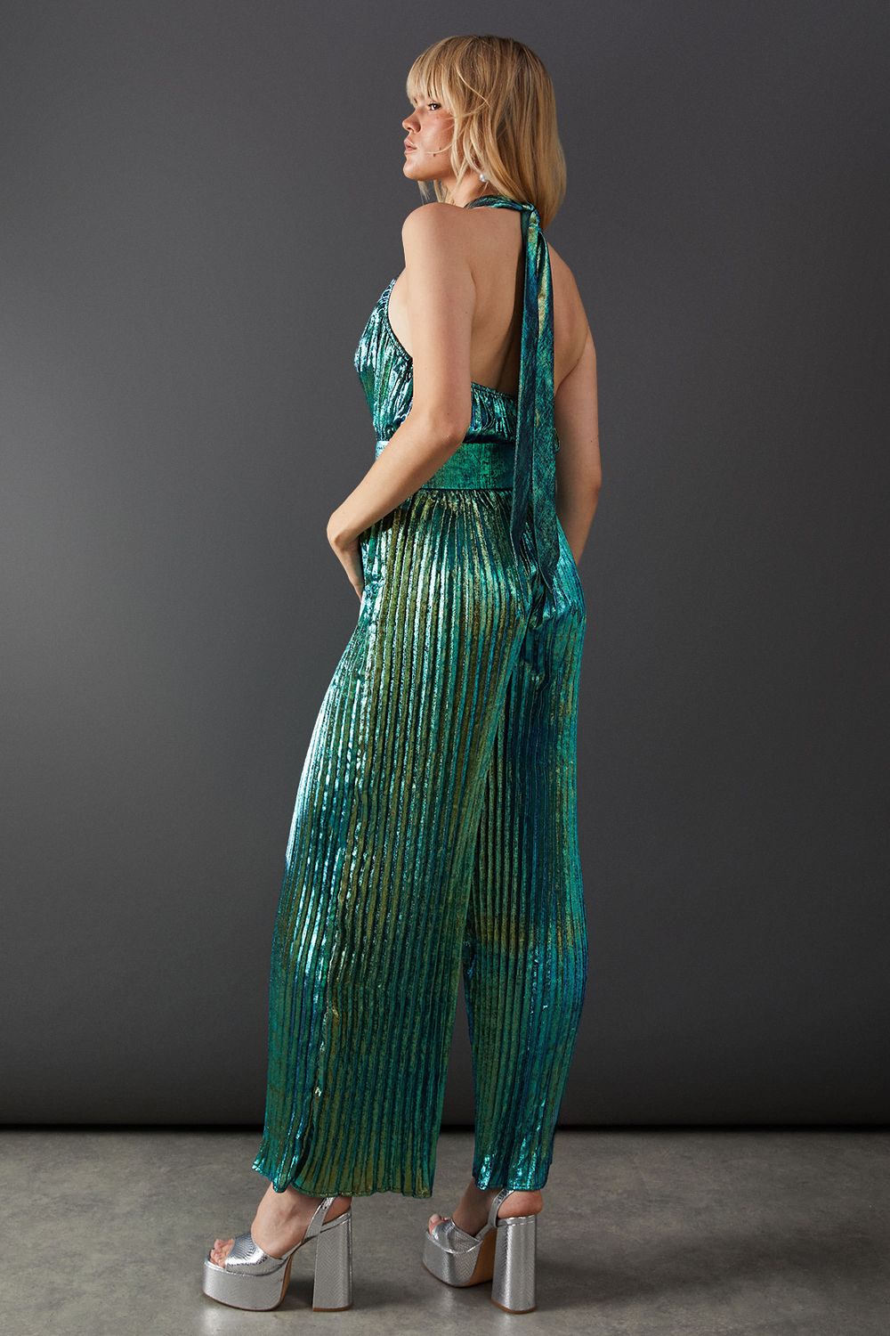 Warehouse Lame Metallic High Neck Pleated Jumpsuit Dark Green image 3