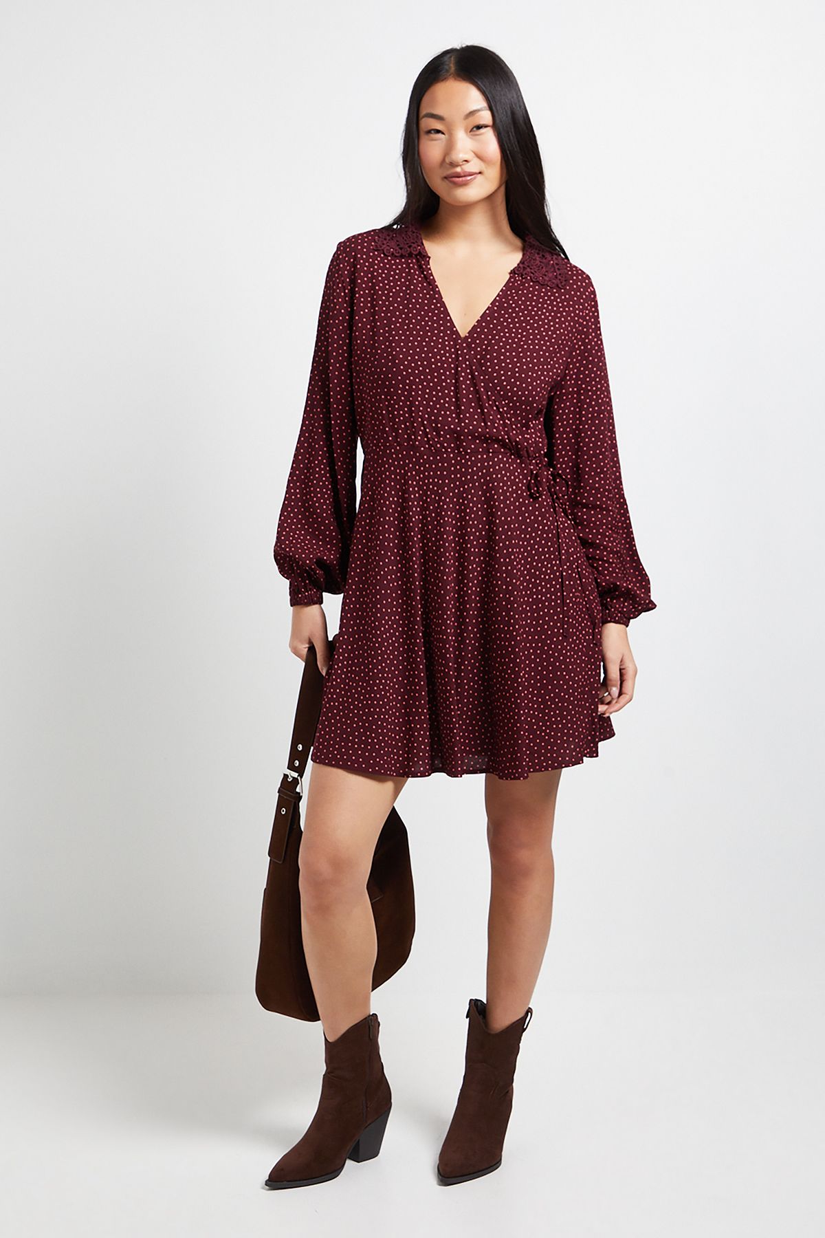 Dorothy Perkins Petite Berry Spot Lace Collar Detail Wrap Printed Mini Dress Berry