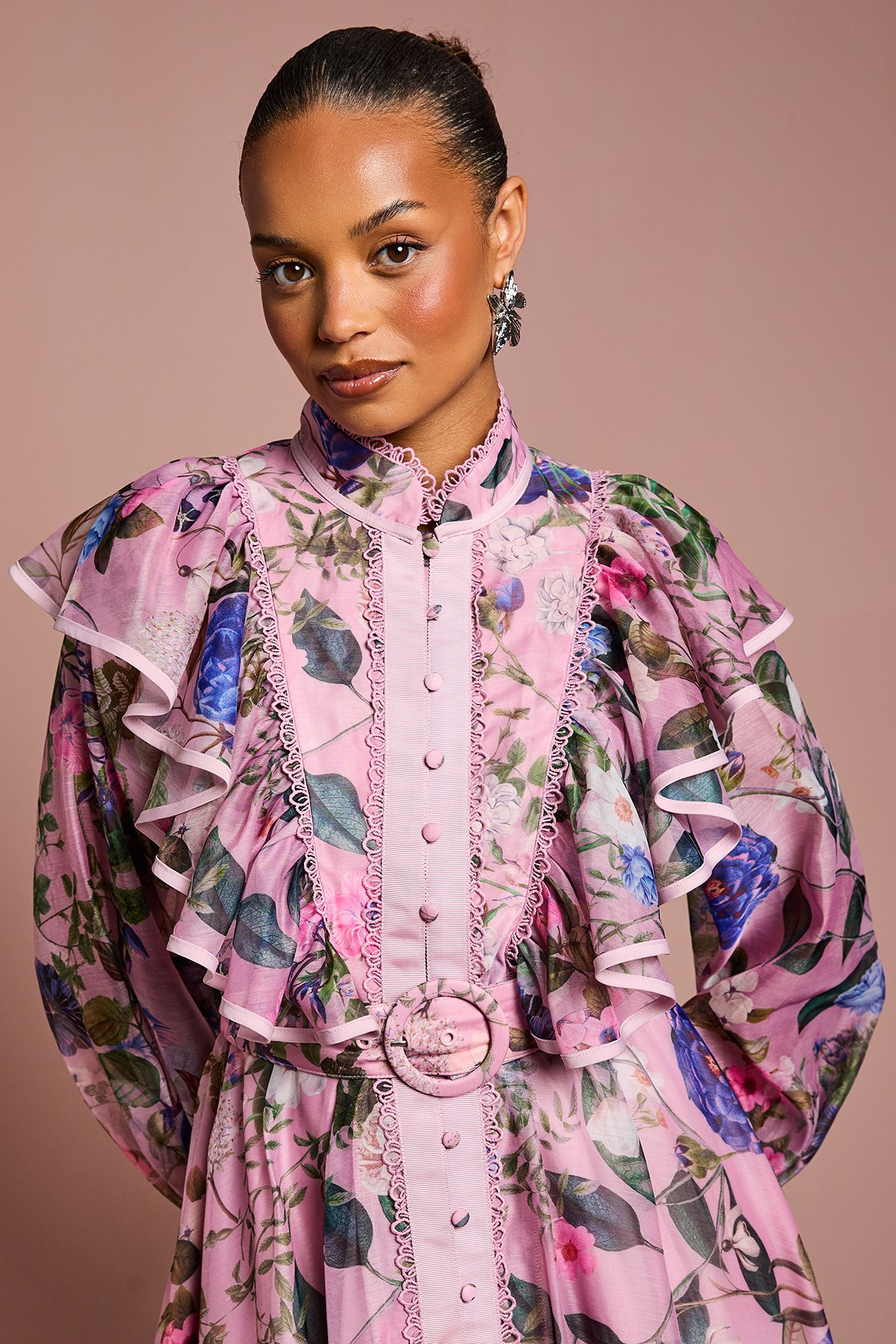 Coast Petite Printed Midi Dress With Organza Trim Pink image 4