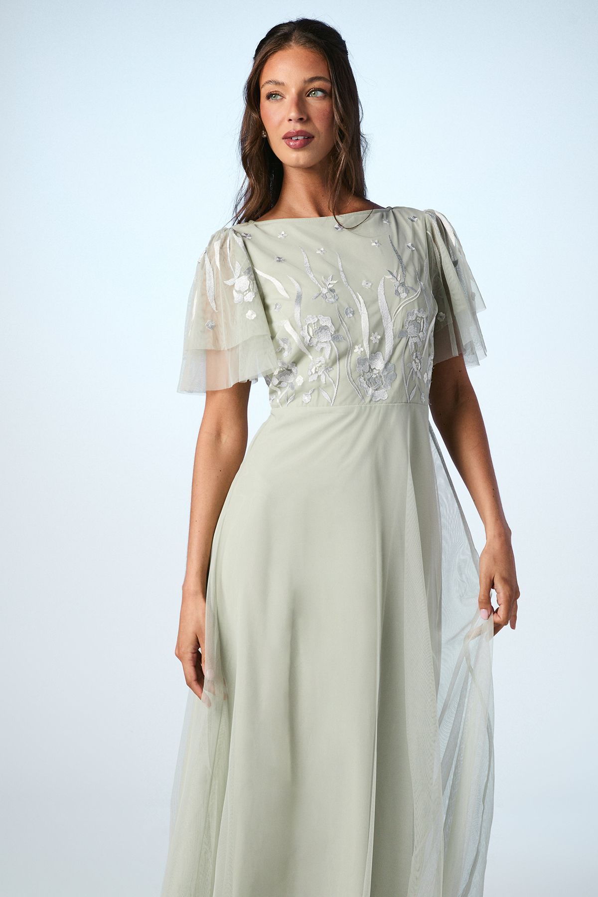 Coast Embroidered Angel Sleeve Maxi Bridesmaid Dress Sage image 2