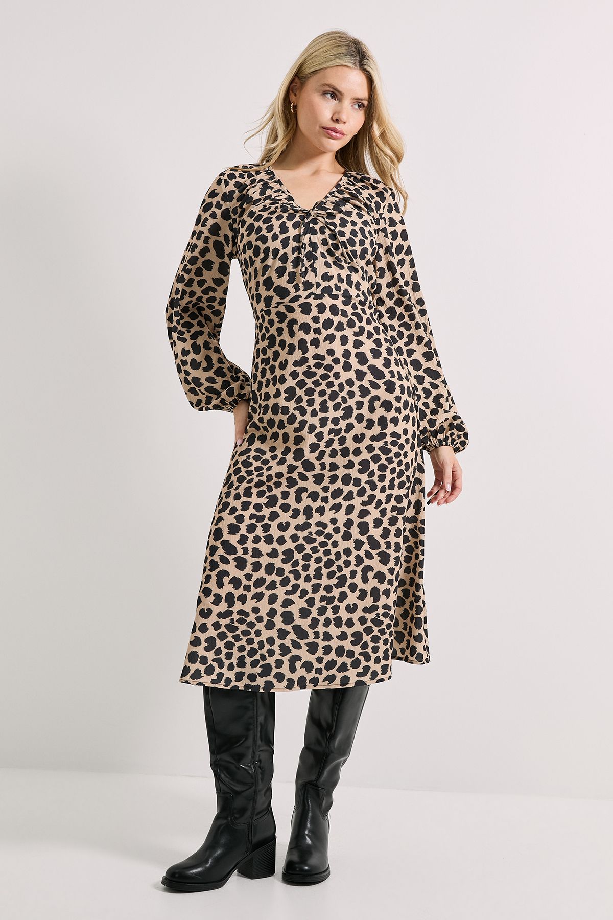 Dorothy Perkins Printed Tie Neck Blouson Sleeve Midi Dress Animal image 1