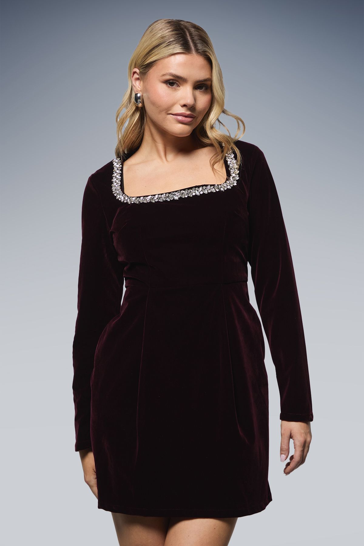 Dorothy Perkins Velvet Embellished Neckline Structured Mini Dress Berry image 2