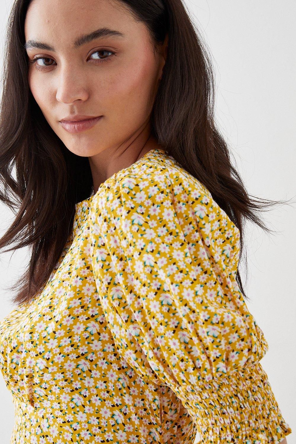 Dorothy Perkins Petite Yellow Ditsy Shirred Cuff Midi Dress Yellow