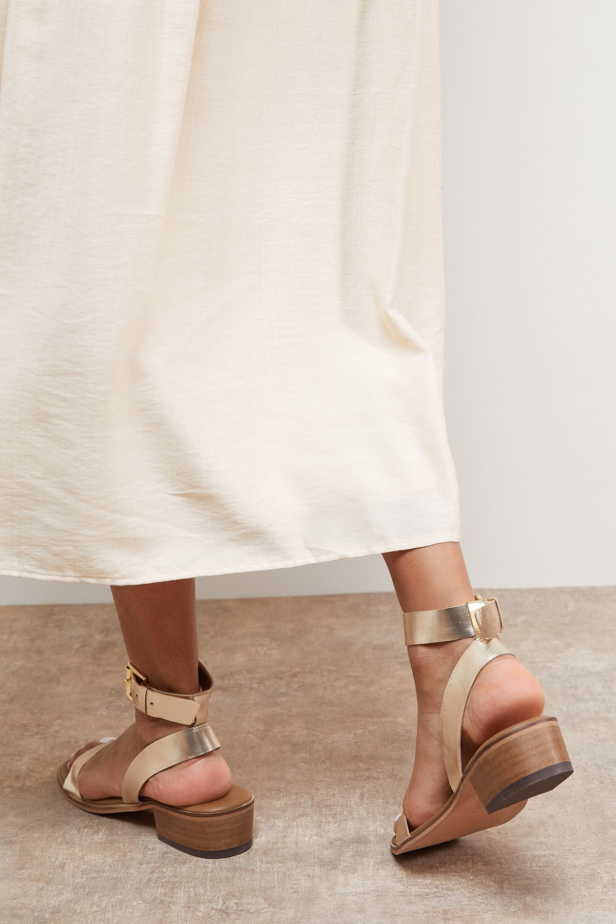 Oasis Gracie Real Leather Low Stacked Heeled Sandals Gold image 3