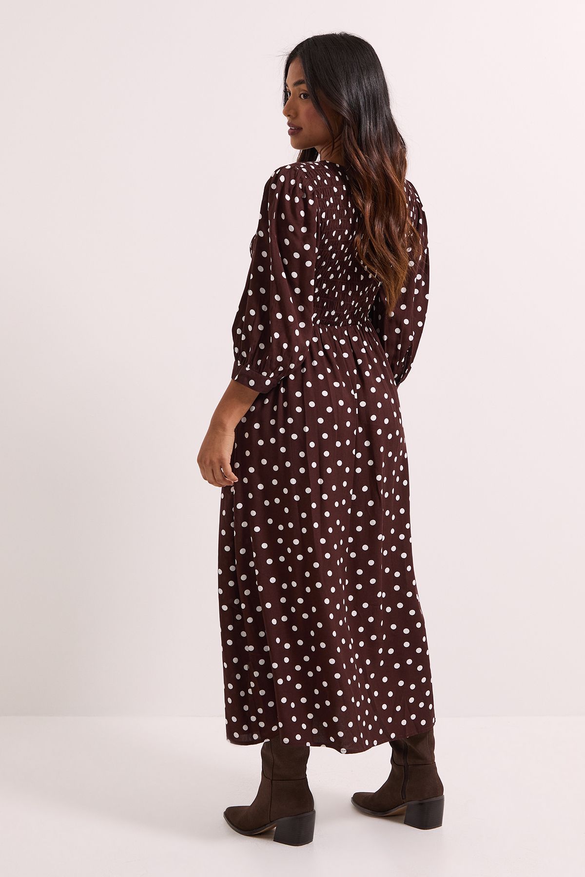 Dorothy Perkins Petite Spot Print Shirred Bodice Button Detail Midi Dress Burgundy image 4