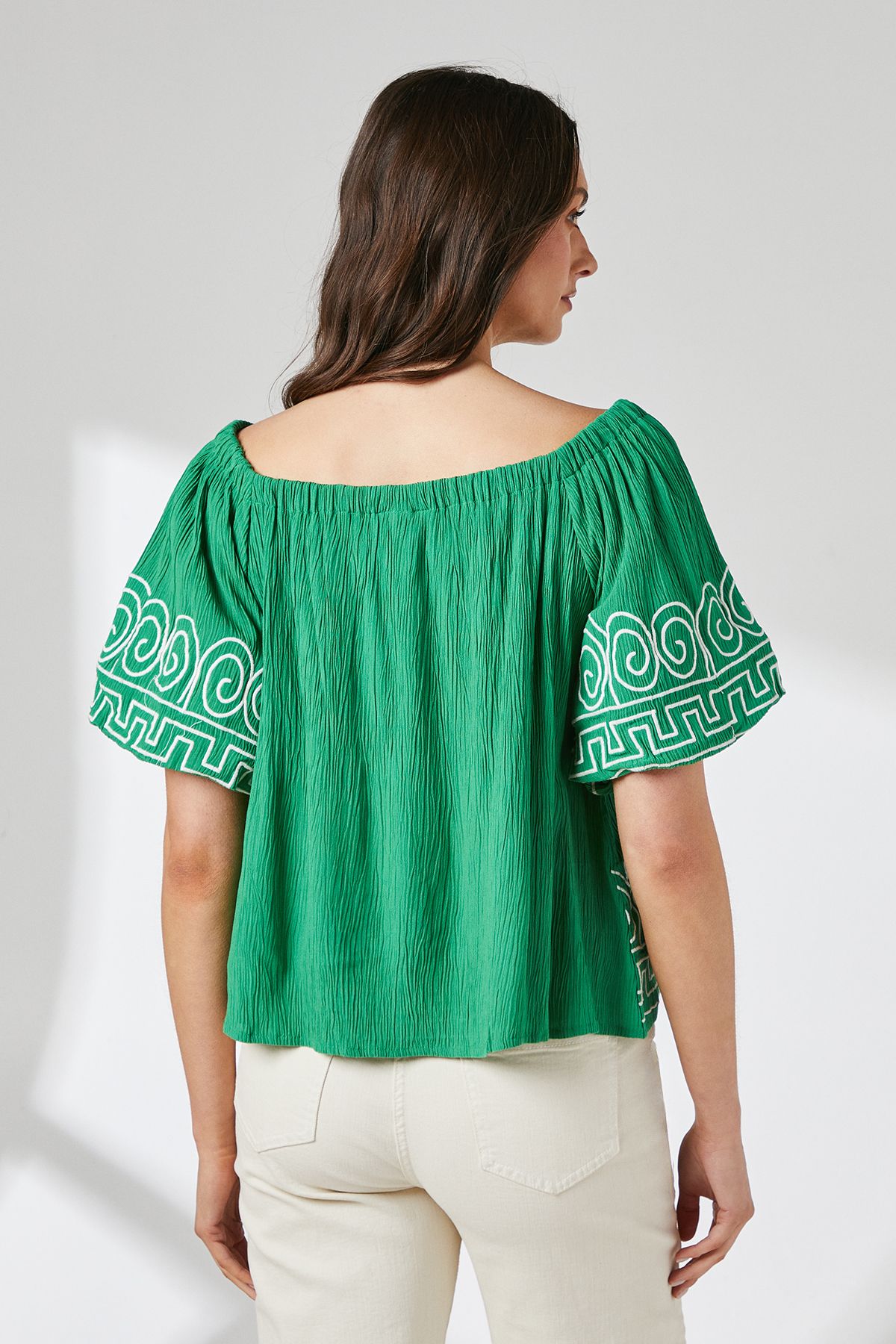 Principles Crinkle Bardot Bubble Sleeve Top Bright Green image 3