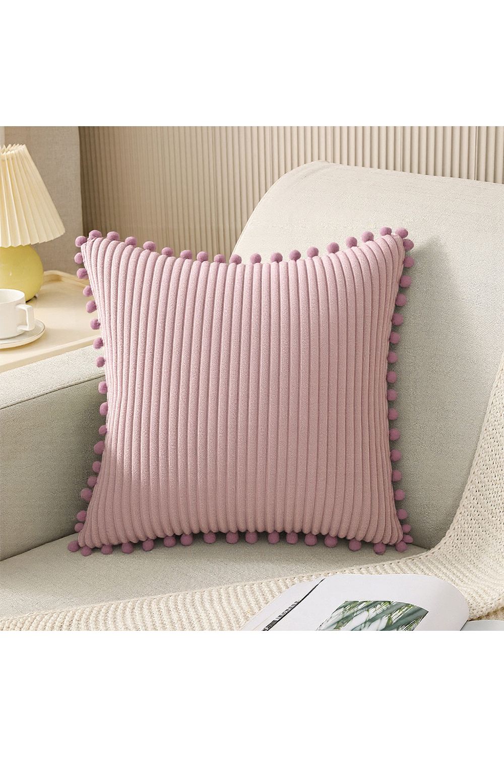 Living and Home Polyester Cushion Cover with Pom-Pom Trim image 3