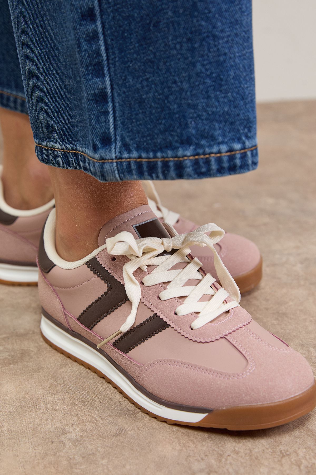 Oasis Ingrid Mixed Material Lace Up Trainers Blush image 4