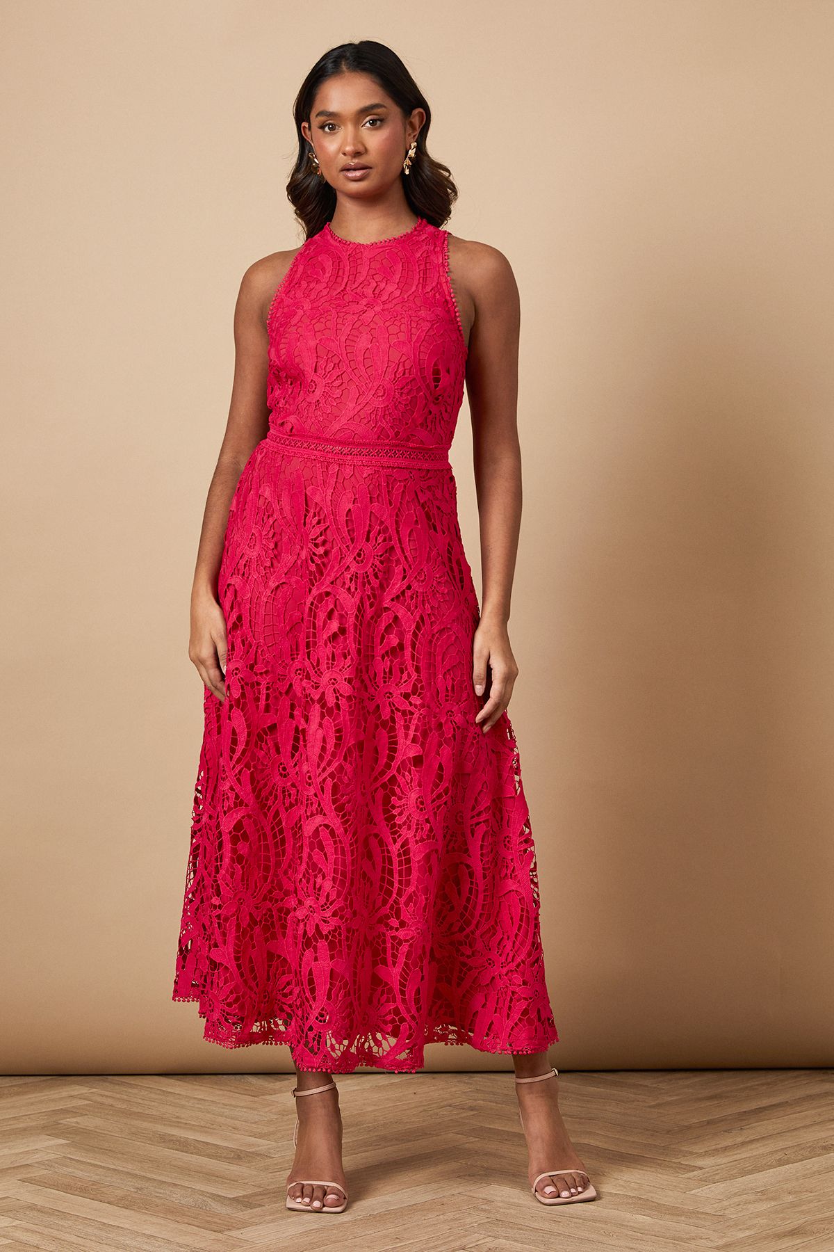 Oasis Lace Halterneck Dress Bright Pink image 2