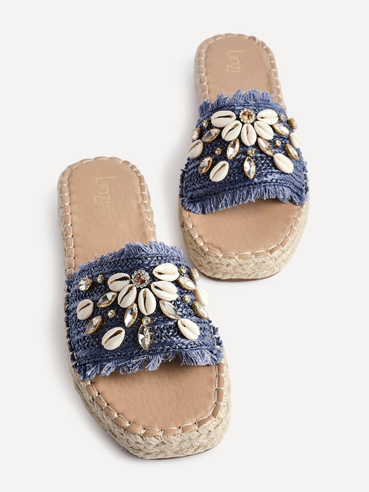 Linzi Seaside Blue Raffia Shell Embellished Flat Slider image 5