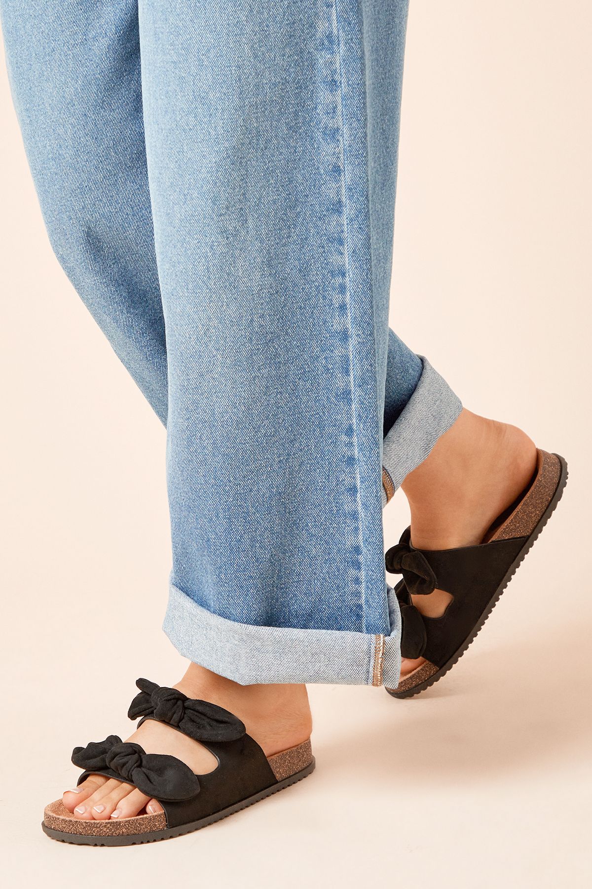 Dorothy Perkins Bryony Faux Suede Double Bow Footbed Sandals Natural Black image 1