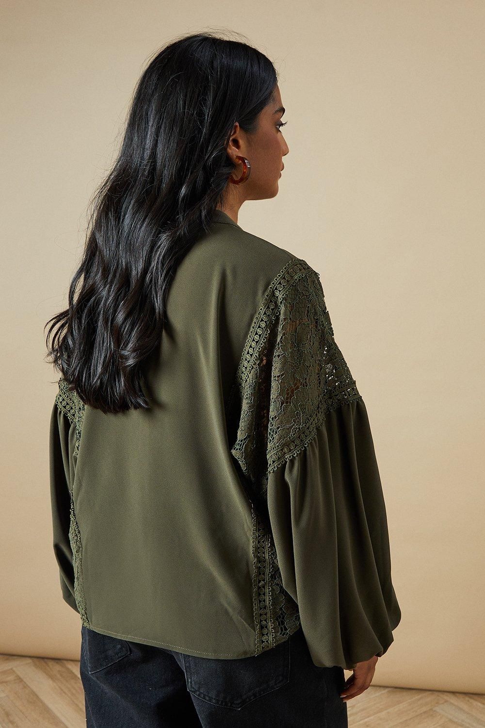 Oasis Lace Trim Tie Neck Crepe Blouse Tan image 2