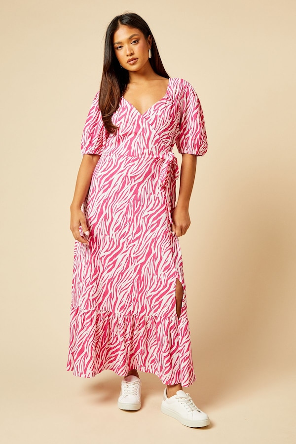 Dorothy Perkins Petite Pink Zebra Puff Sleeve Wrap Front Midi Dress Zebra