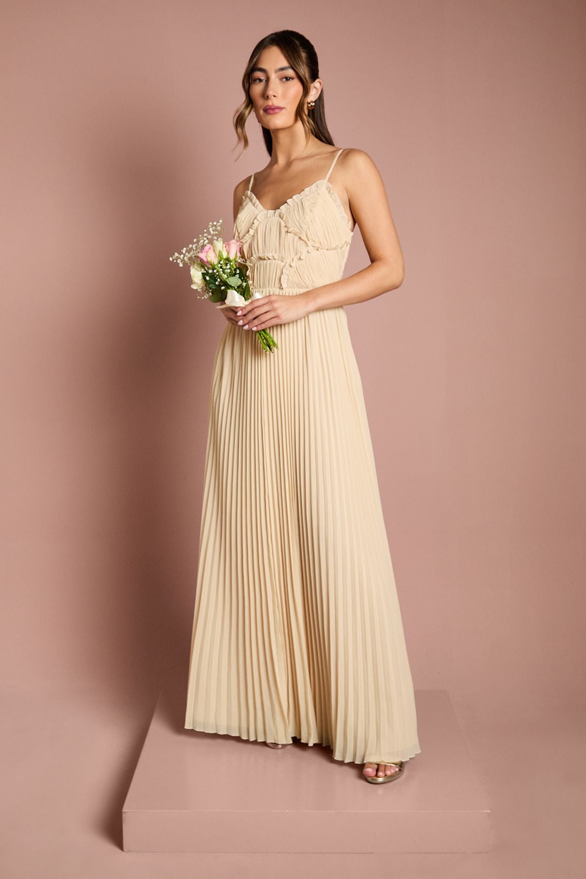 Oasis Oasis By Coast Strappy Pleated Bridesmaid Dress With Ruffle Detail Ivory