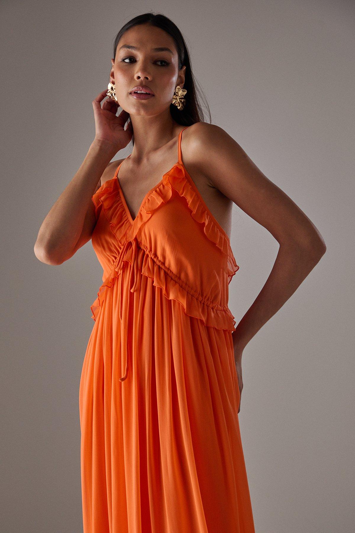 Warehouse HCD Chiffon Ruffle Strappy Floaty Maxi Dress Orange image 2