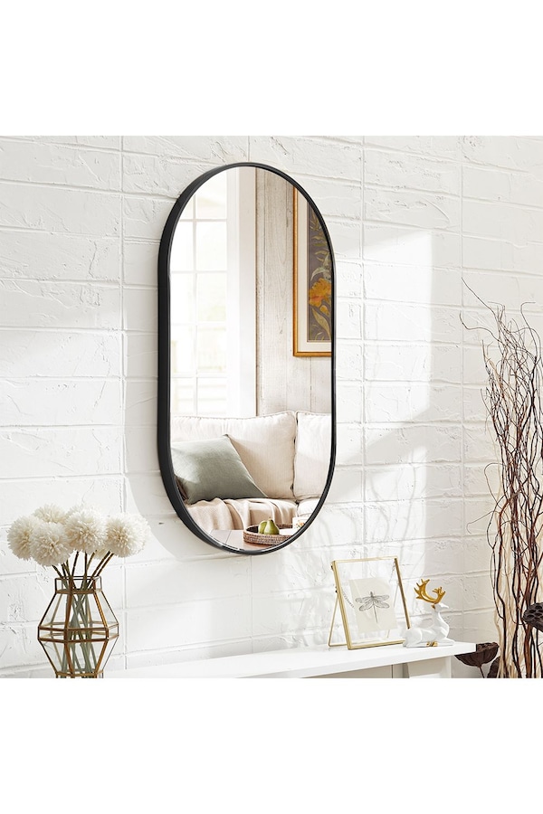 Living and Home Oval Wall Mounted Mirror Black Metal Frame Bathroom Mirror，40 x 70 cm